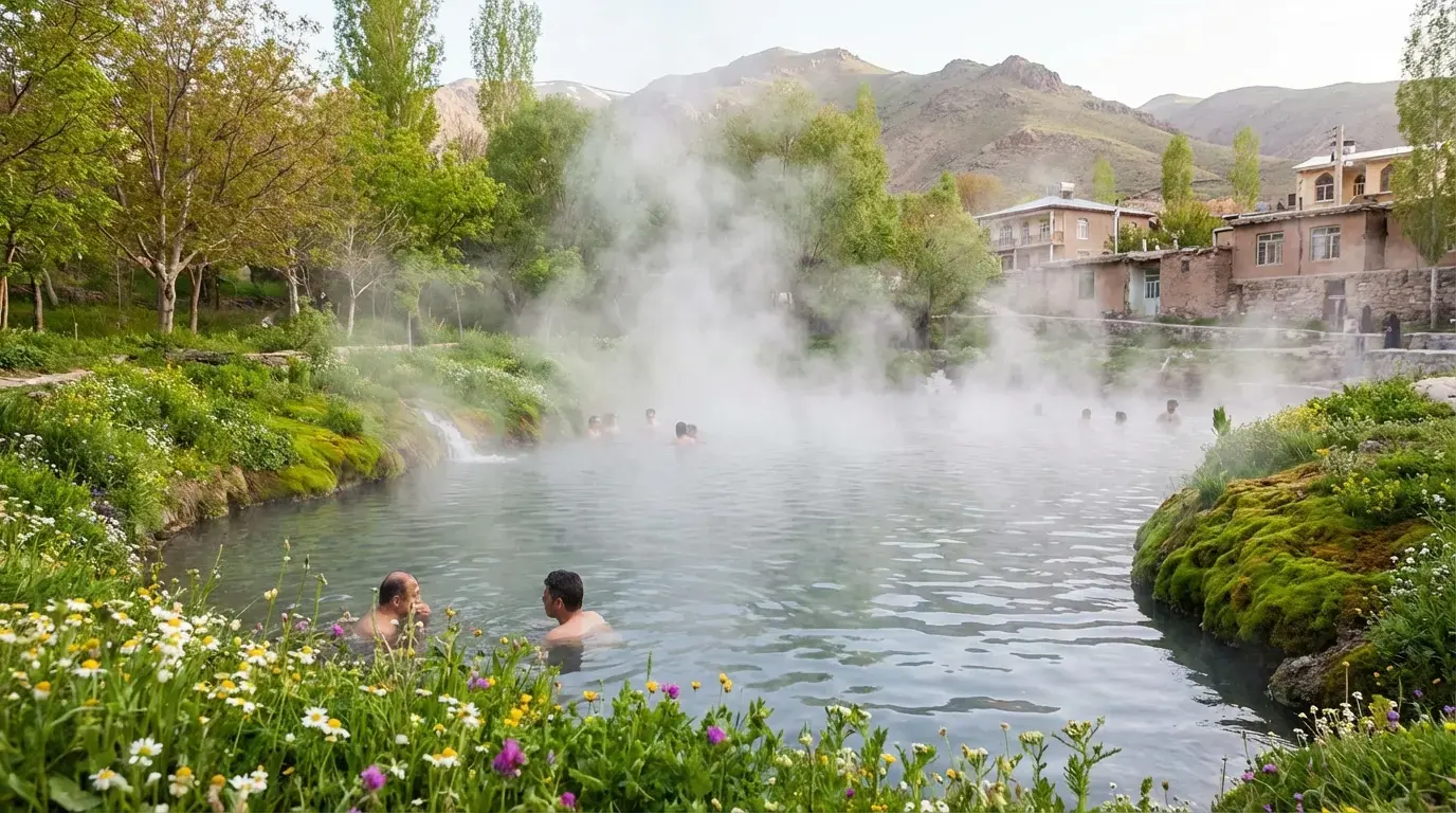 چشمههای آبگرم سرعین در هوای مطبوع بهاری